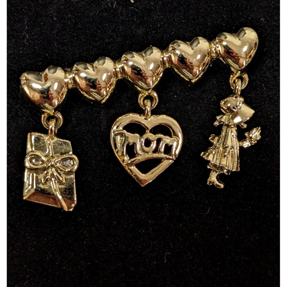 Vintage AJC Gold‎ Tone Heart Mom Charm Bar Pin Brooch